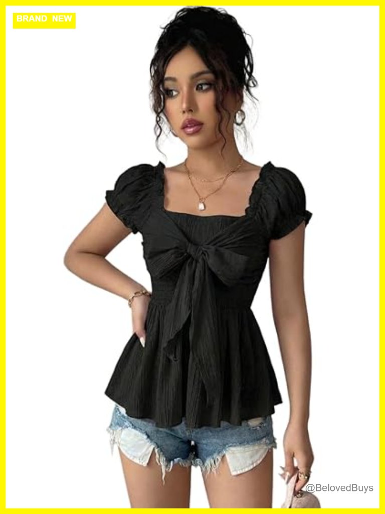 Babydoll Peplum Top With Puff Sleeve Bow Front Empire Waist